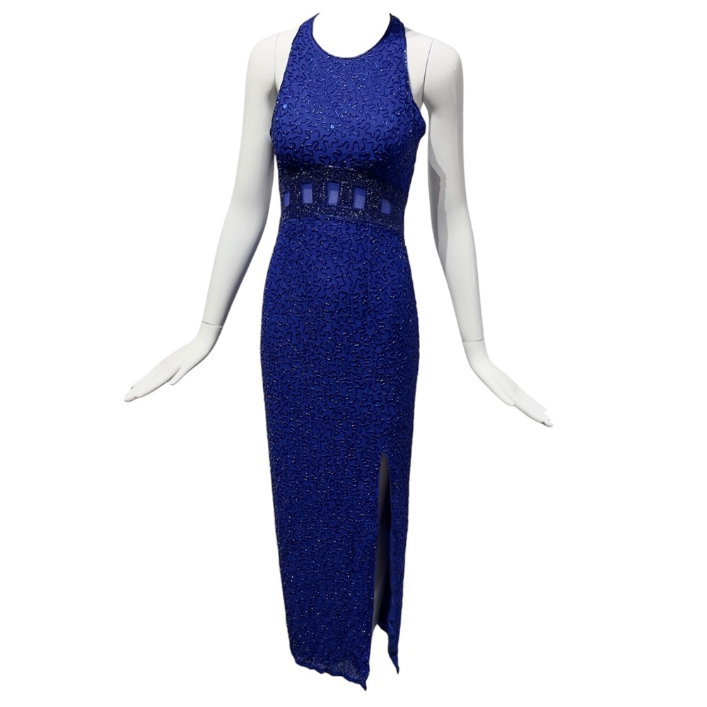 Vintage 80s-90s Andretta Donatello 100% Silk Fully Beaded Blue Gown Dress Size S